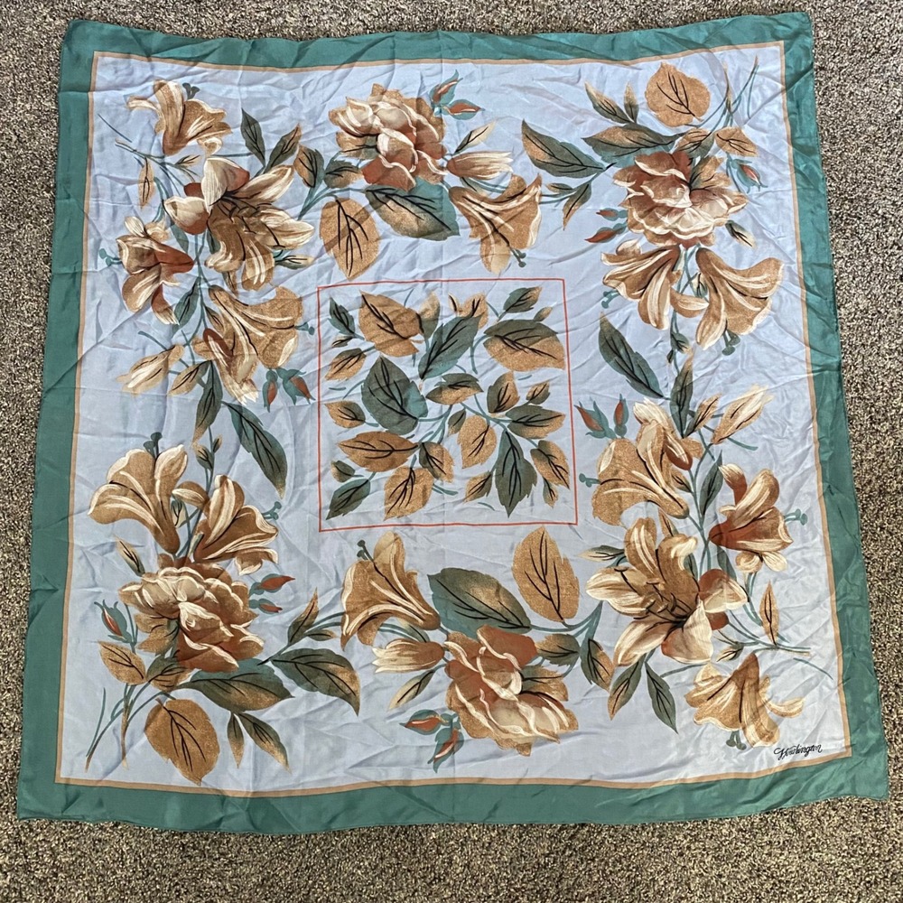 Vtg Worthington 100% Silk Scarf Green Blue Gold Leaf Print Square Japan 31x31